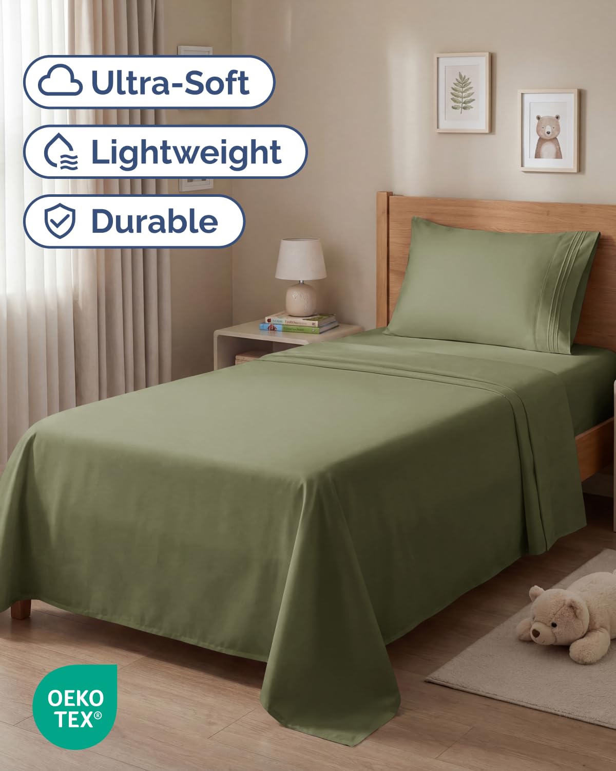 CGK Unlimited twin sheet set flat sheet and pillowcase layout for easy bed making.