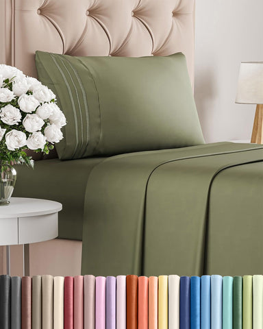 CGK Unlimited twin sheet set folded on bed in sage green, luxurious hotel-like feel.