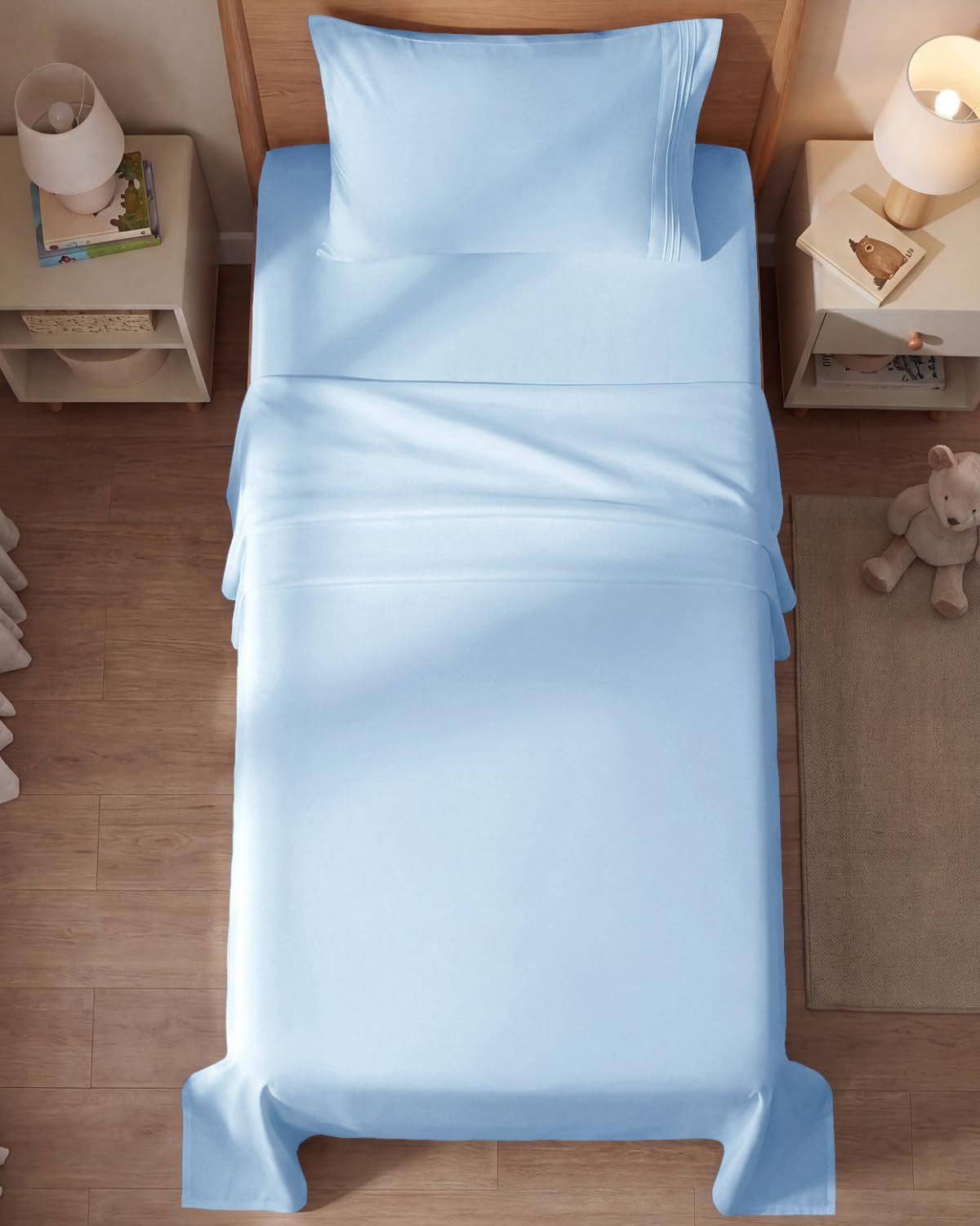 Light blue CGK Unlimited sheets add calm hotel-inspired style