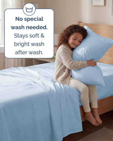 CGK Unlimited wrinkle-free finish in sky blue for easy bed presentation