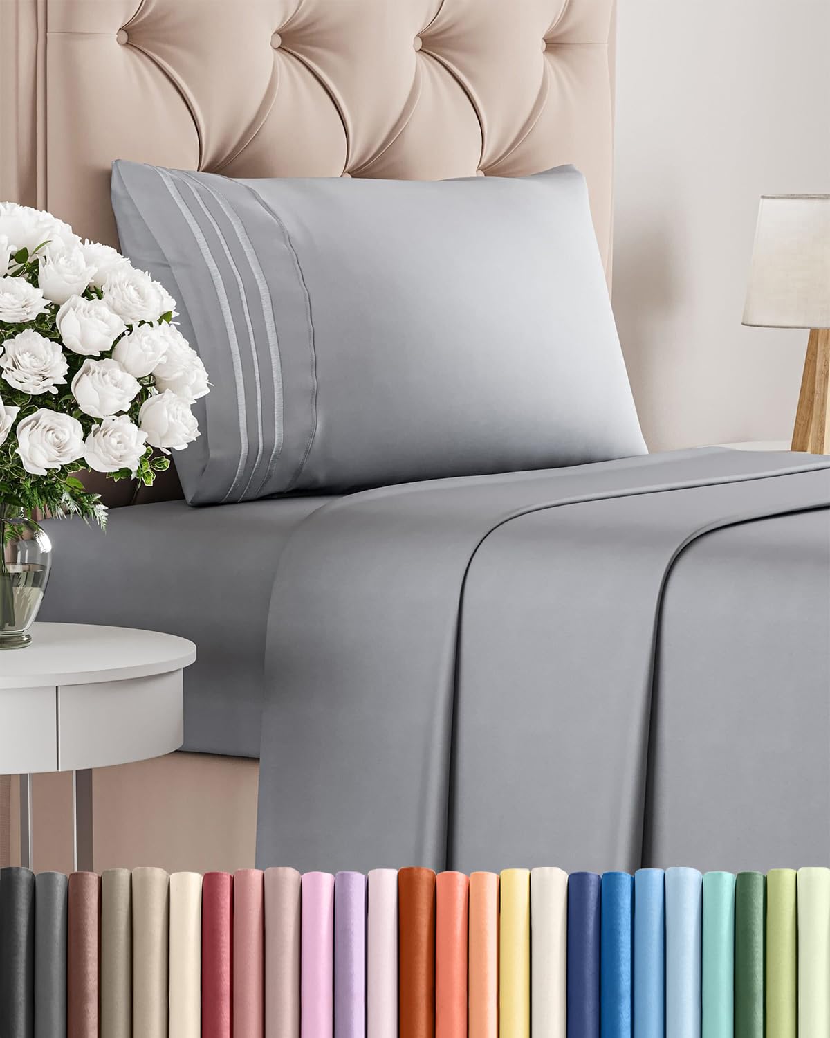 CGK Unlimited twin-size 3-piece sheet set in steel blue offers breathable comfort.