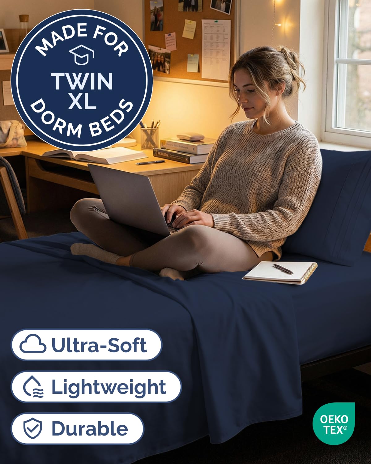 CGK Unlimited navy fitted sheet on deep-pocket mattress, secure and smooth