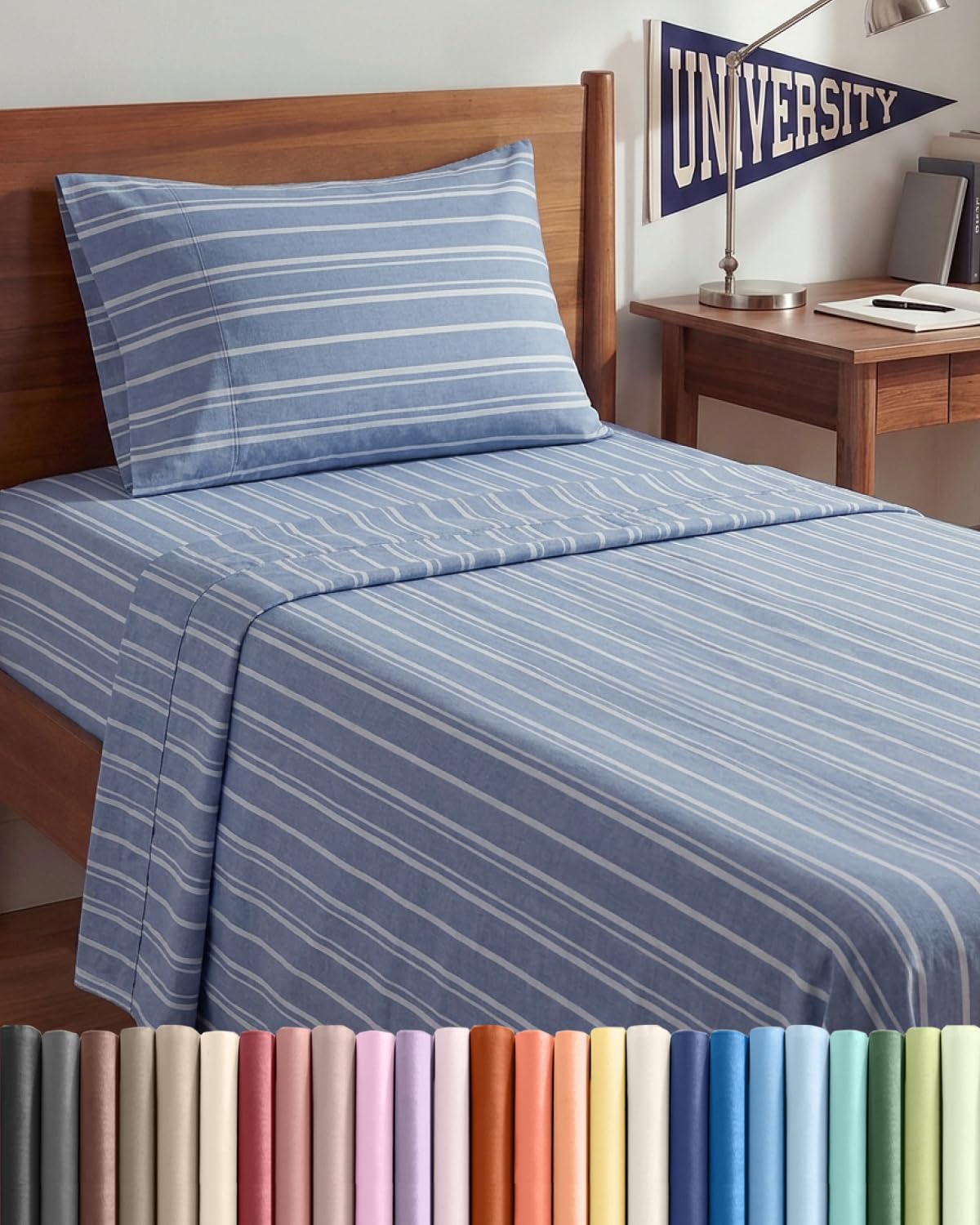 CGK Unlimited Twin XL 3pc set with blue stripes flat sheet on bed for cool comfort
