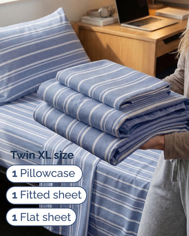 CGK Unlimited Twin XL 3pc set blue stripes pillowcase close up