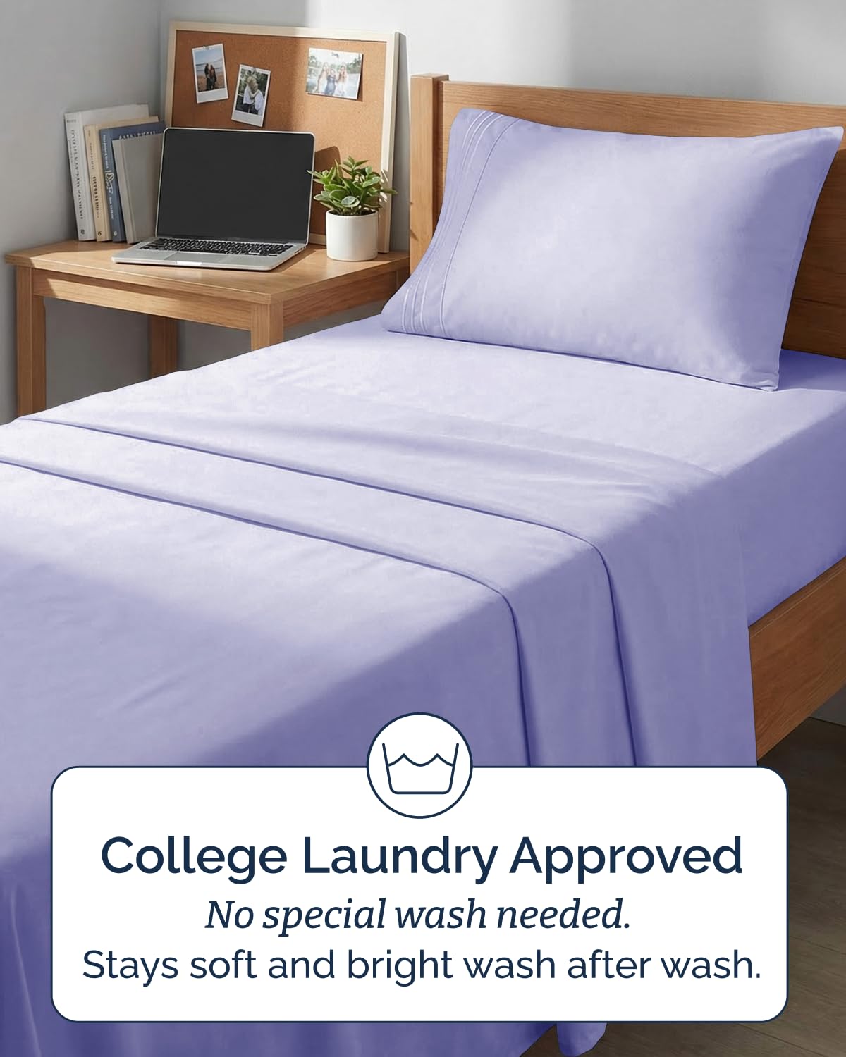 CGK Unlimited Twin XL 3pc sheet set Lavender bedroom scene conveys hotel luxe comfort.