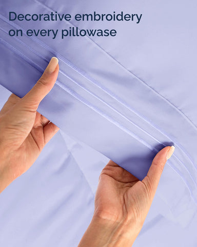 CGK Unlimited Twin XL 3pc sheet set Lavender care shot suggests easy care and durable microfiber.