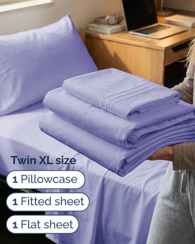 CGK Unlimited Twin XL 3pc sheet set Lavender fitted sheet deep-pocket view demonstrates universal fit.