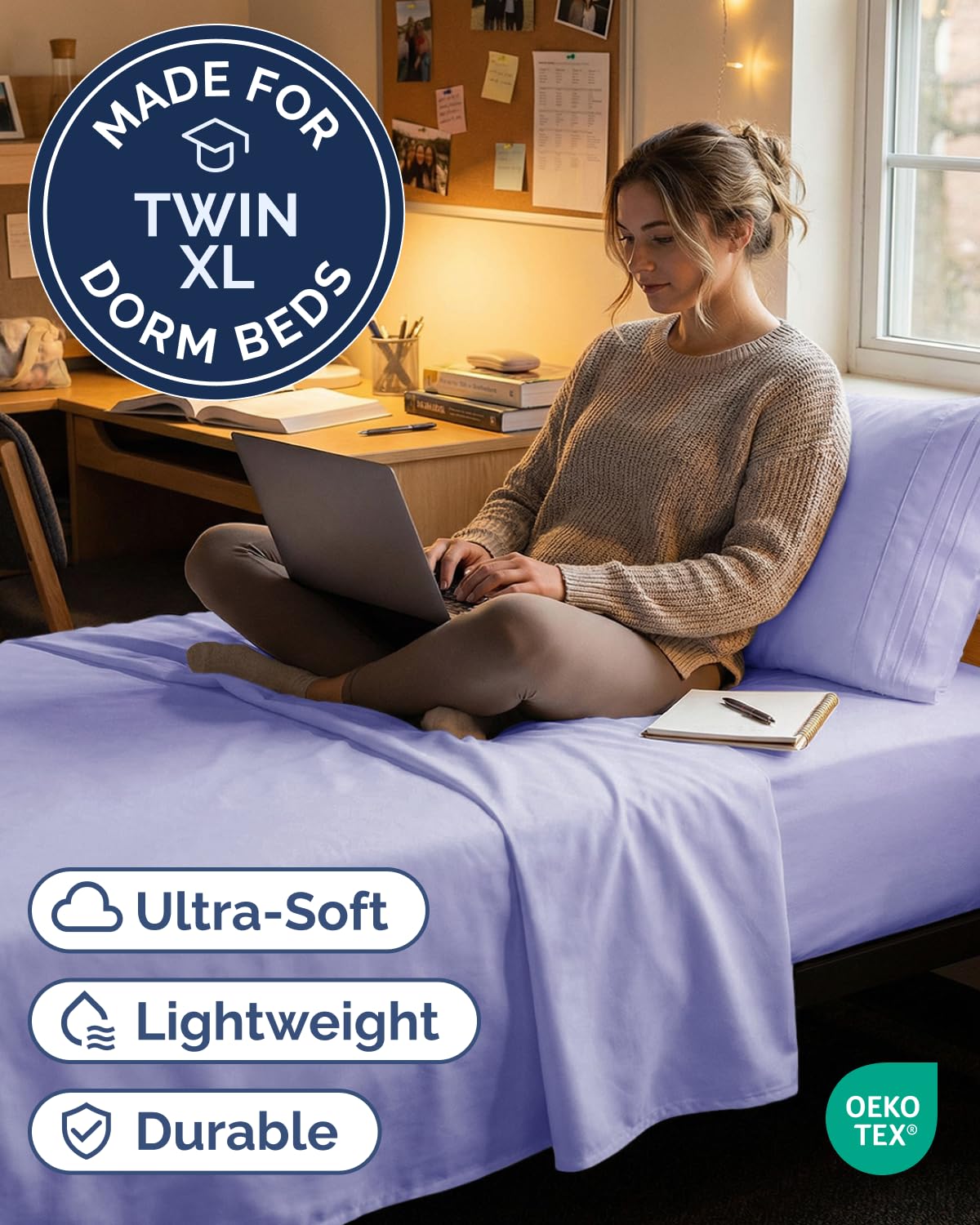 CGK Unlimited Twin XL 3pc sheet set Lavender flat sheet closeup shows soft, silky texture.