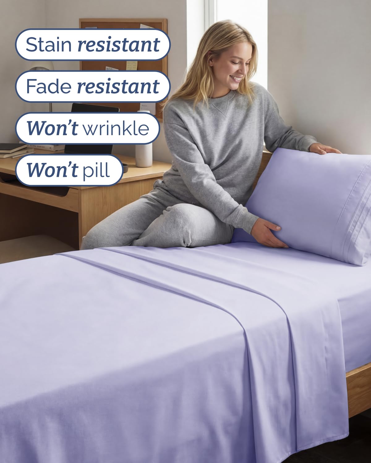 CGK Unlimited Twin XL 3pc sheet set Lavender texture shot highlights breathable cooling feel.