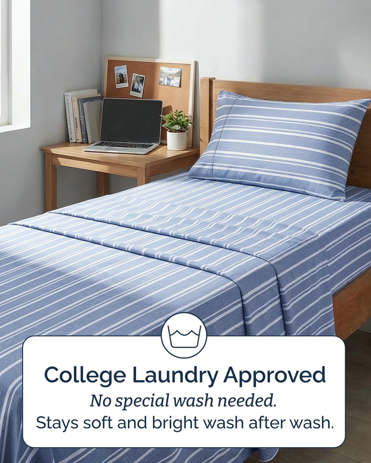 Wrinkle-free look of CGK Unlimited blue striped sheets on bed