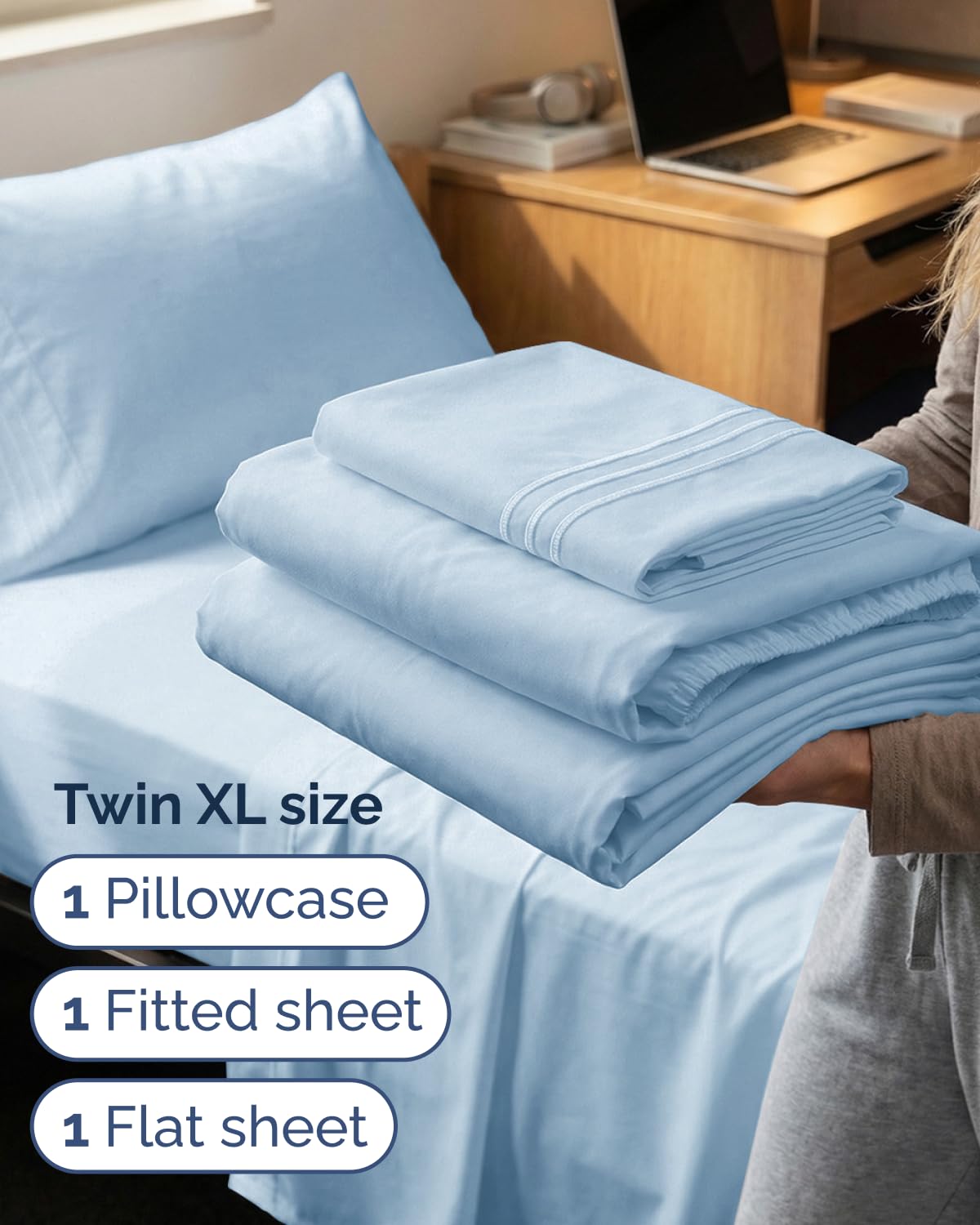 CGK Unlimited light blue Twin XL sheets add calm color and cooling feel.