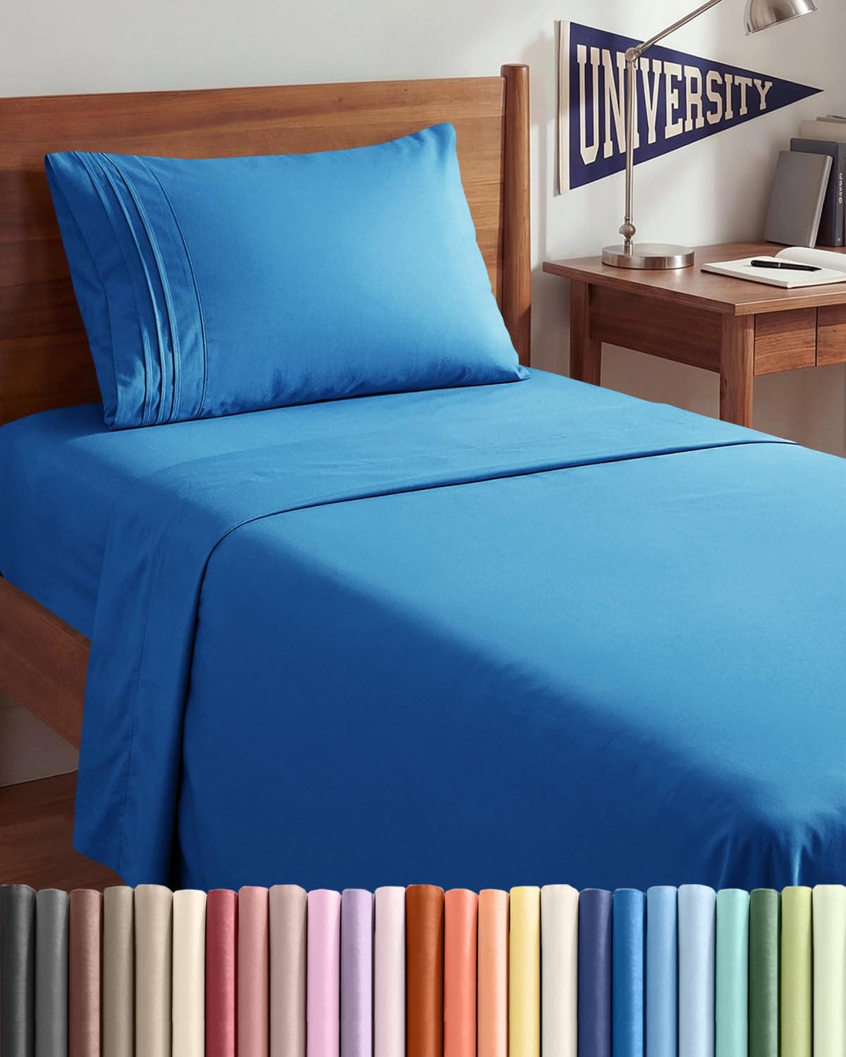 CGK Unlimited Twin XL sheet set folded in royal blue offers silky softness