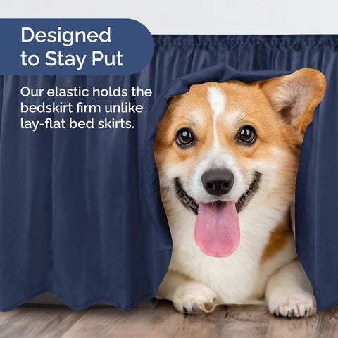 CGK Unlimited bed skirt hides under-bed storage with navy finish.