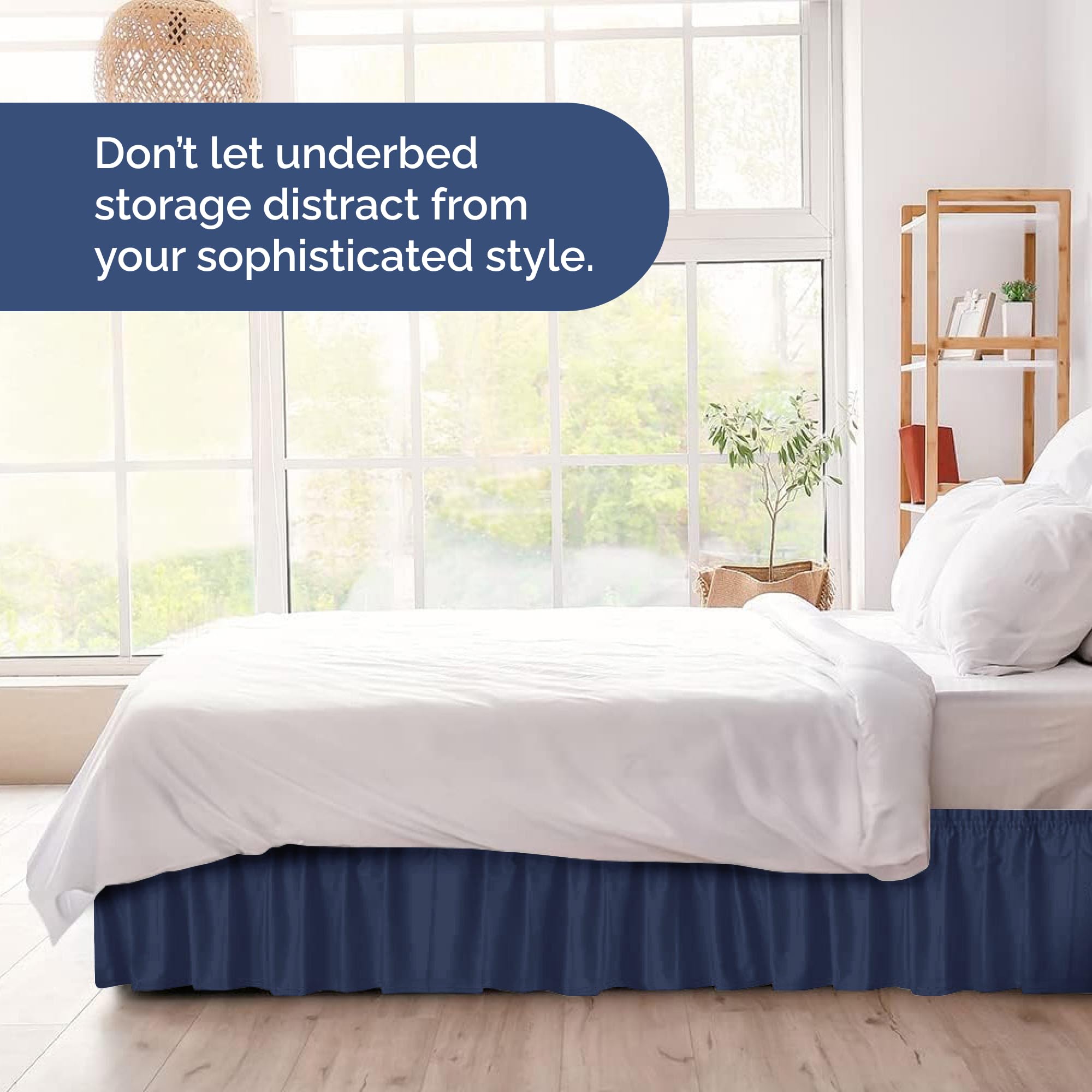 CGK Unlimited easy-clean navy bed skirt ready for machine washing