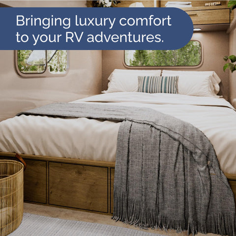 CGK Unlimited white bedding for a clean, hotel-inspired bedroom or RV