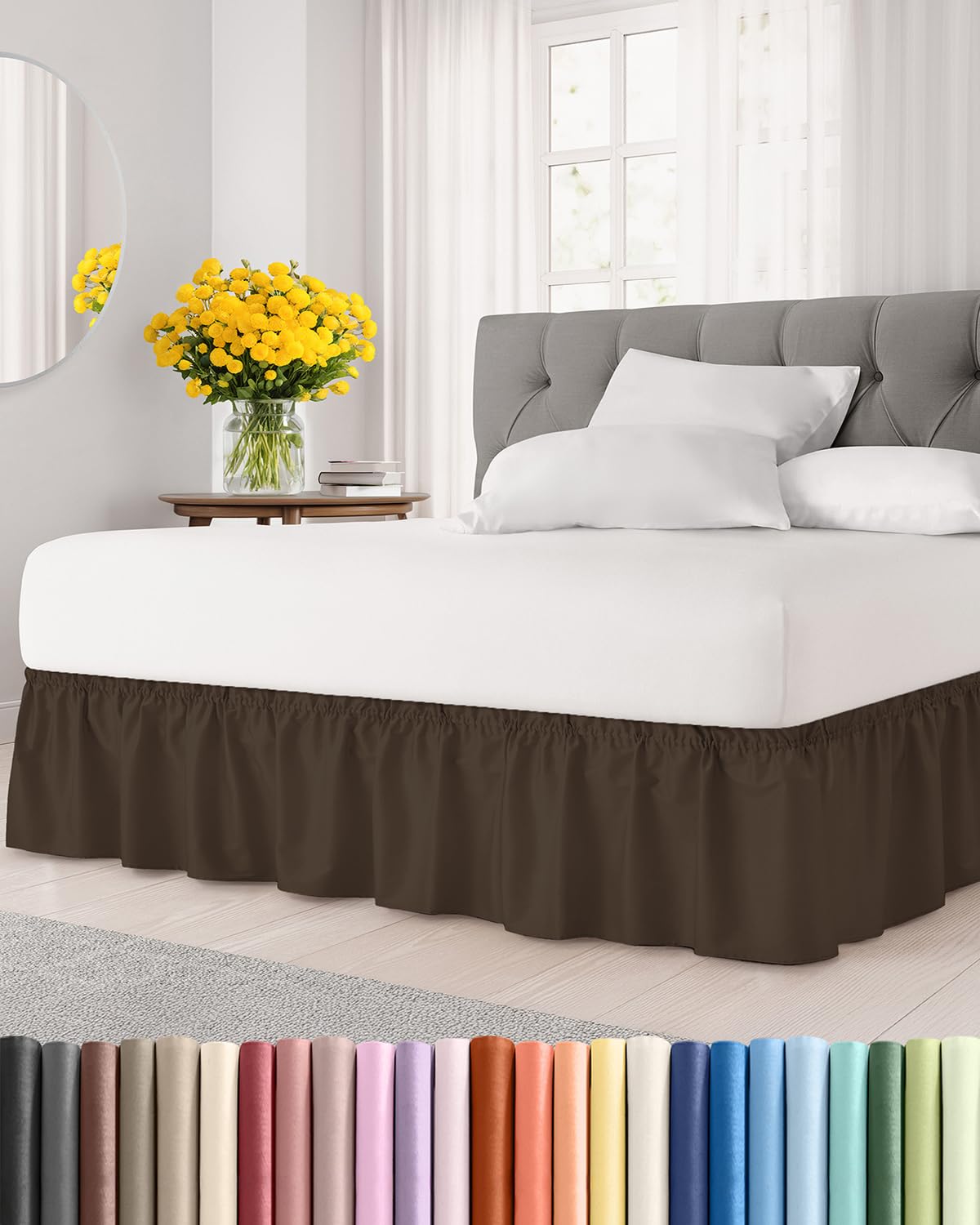 CGK Unlimited wrap-around bed skirt in brown for queen beds with a 12-inch drop.