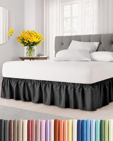 CGK Unlimited wrap-around dust ruffle bed skirt in black for king beds with 12-inch drop, seamless.