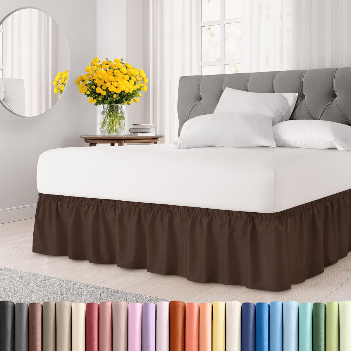 CGK Unlimited wrap-around bed skirt in brown for king bed with 15-inch drop, neat coverage