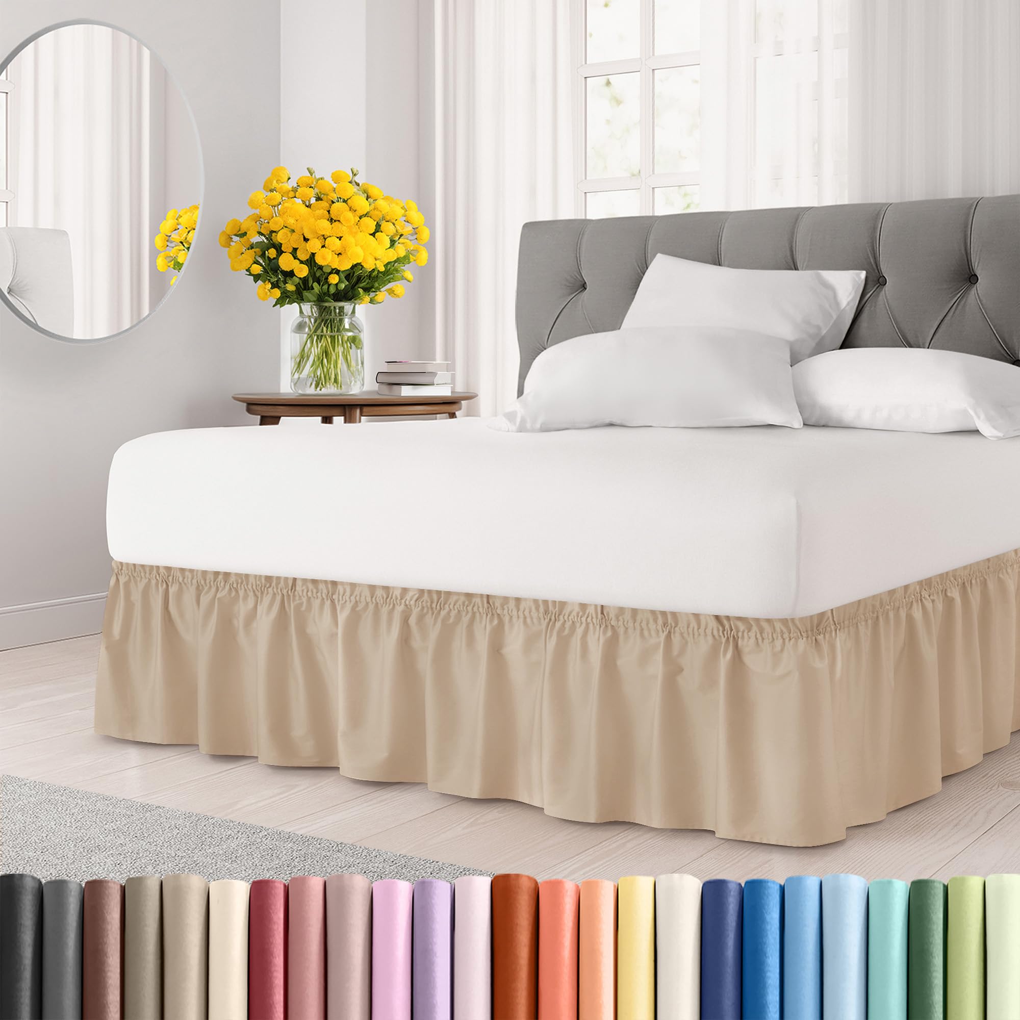 CGK Unlimited wrap-around dust ruffle bed skirt in cream for king beds hides under-bed clutter