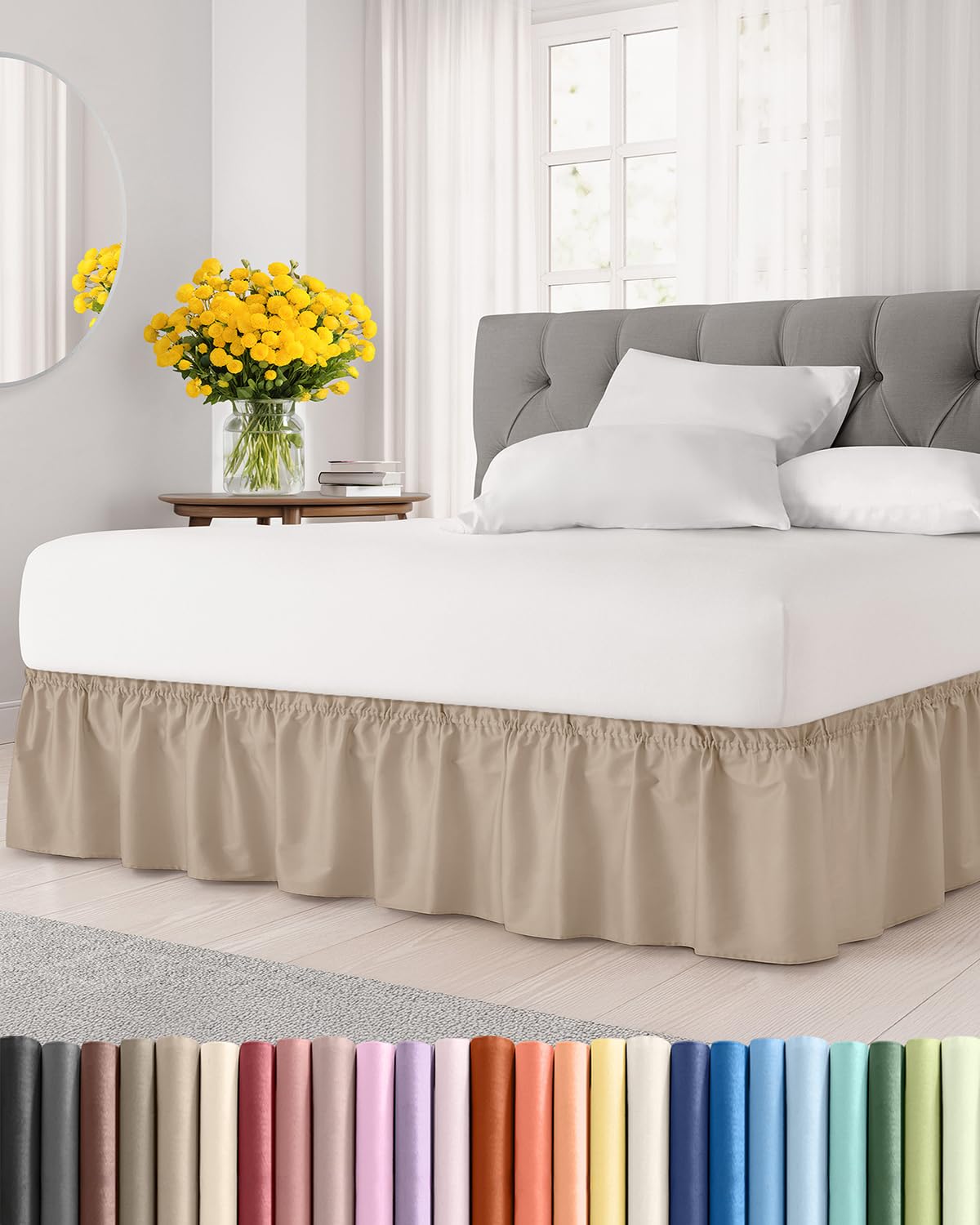 CGK Unlimited cream wrap-around bed skirt for queen beds with 15 inch drop conceals under-bed storage