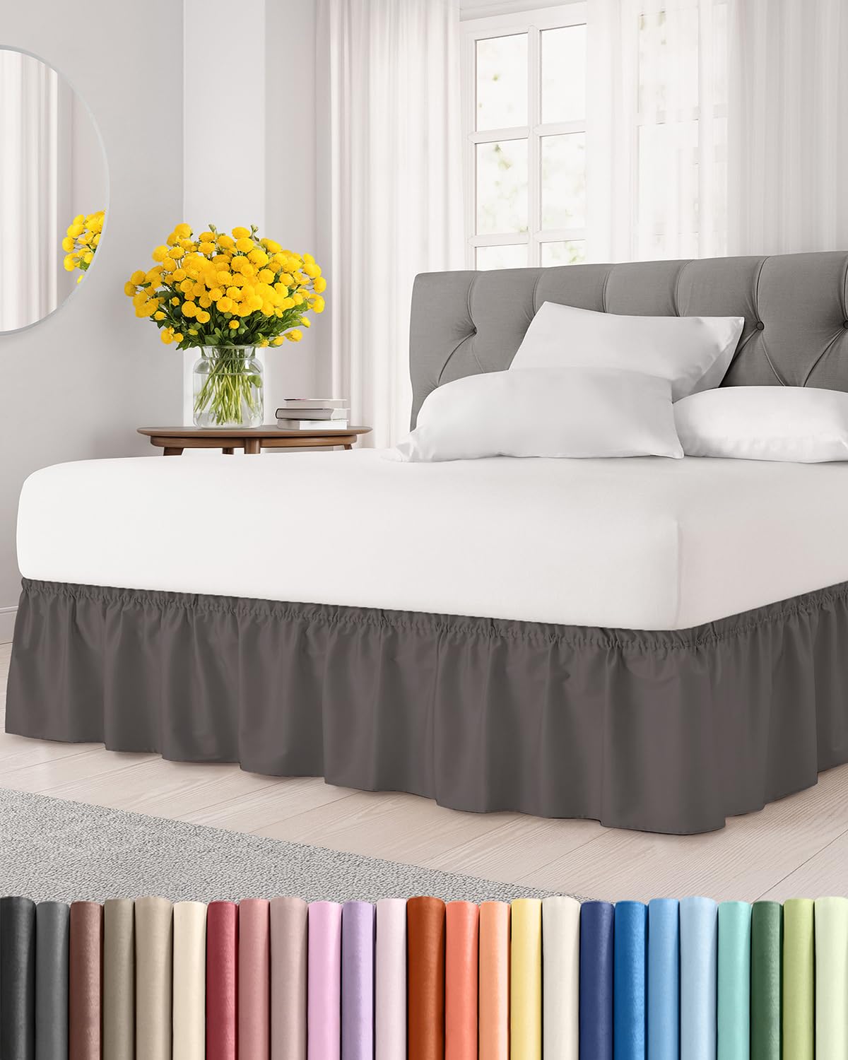 CGK Unlimited wrap-around dust ruffle bed skirt in dark grey hides gaps for a neater bed.