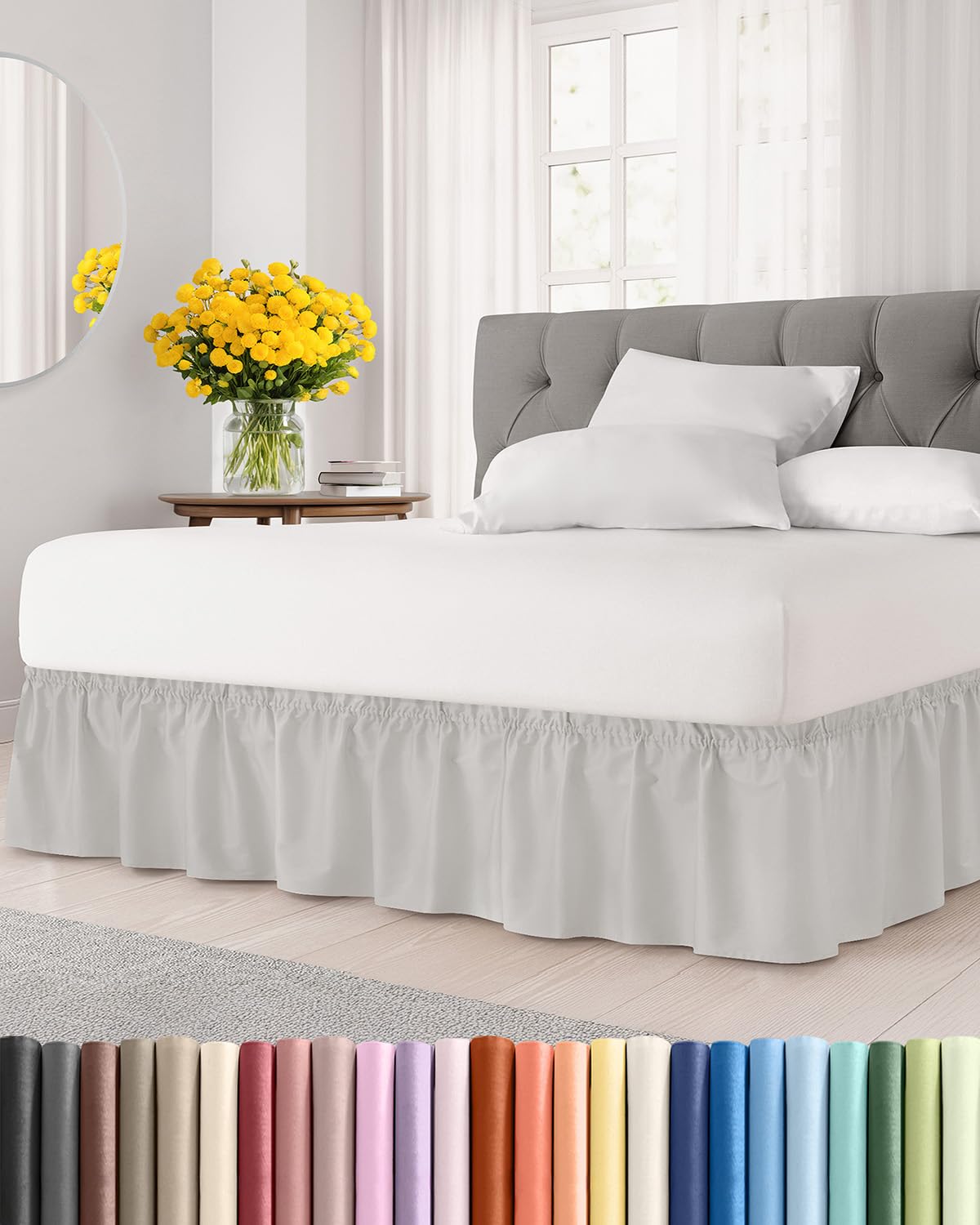 CGK Unlimited wrap-around bed skirt, front view, showcases secure 15-inch drop for a clean bed line.