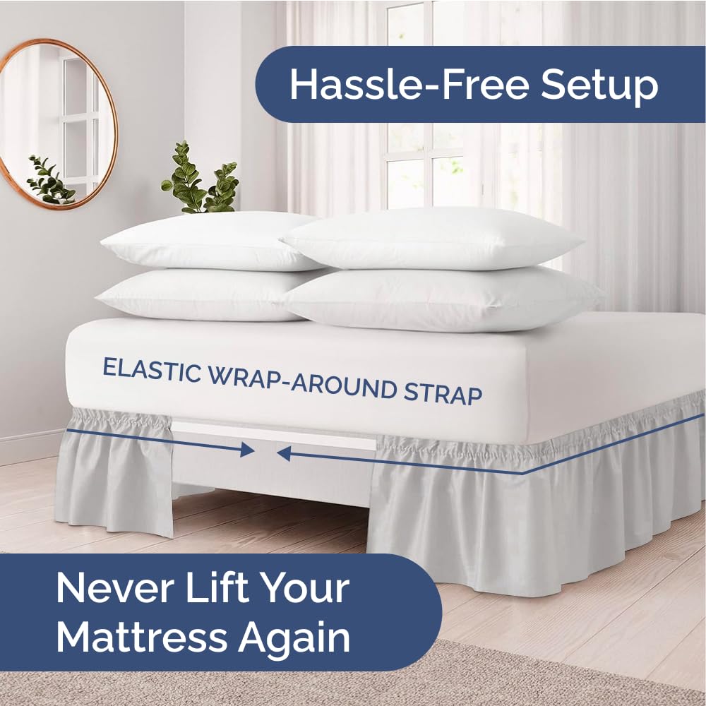 CGK Unlimited bed skirt side view highlights elastic wrap for a stable, easy-fit installation.