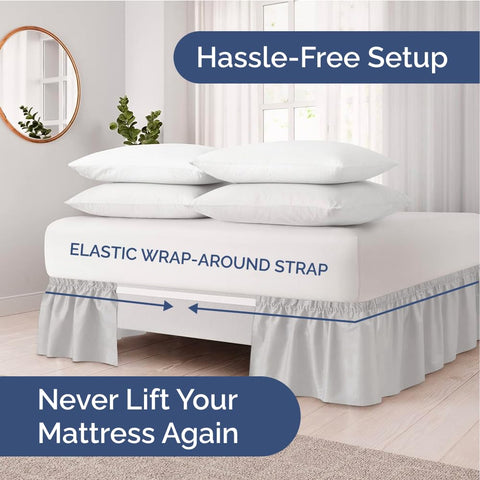 CGK Unlimited bed skirt side view highlights elastic wrap for a stable, easy-fit installation.