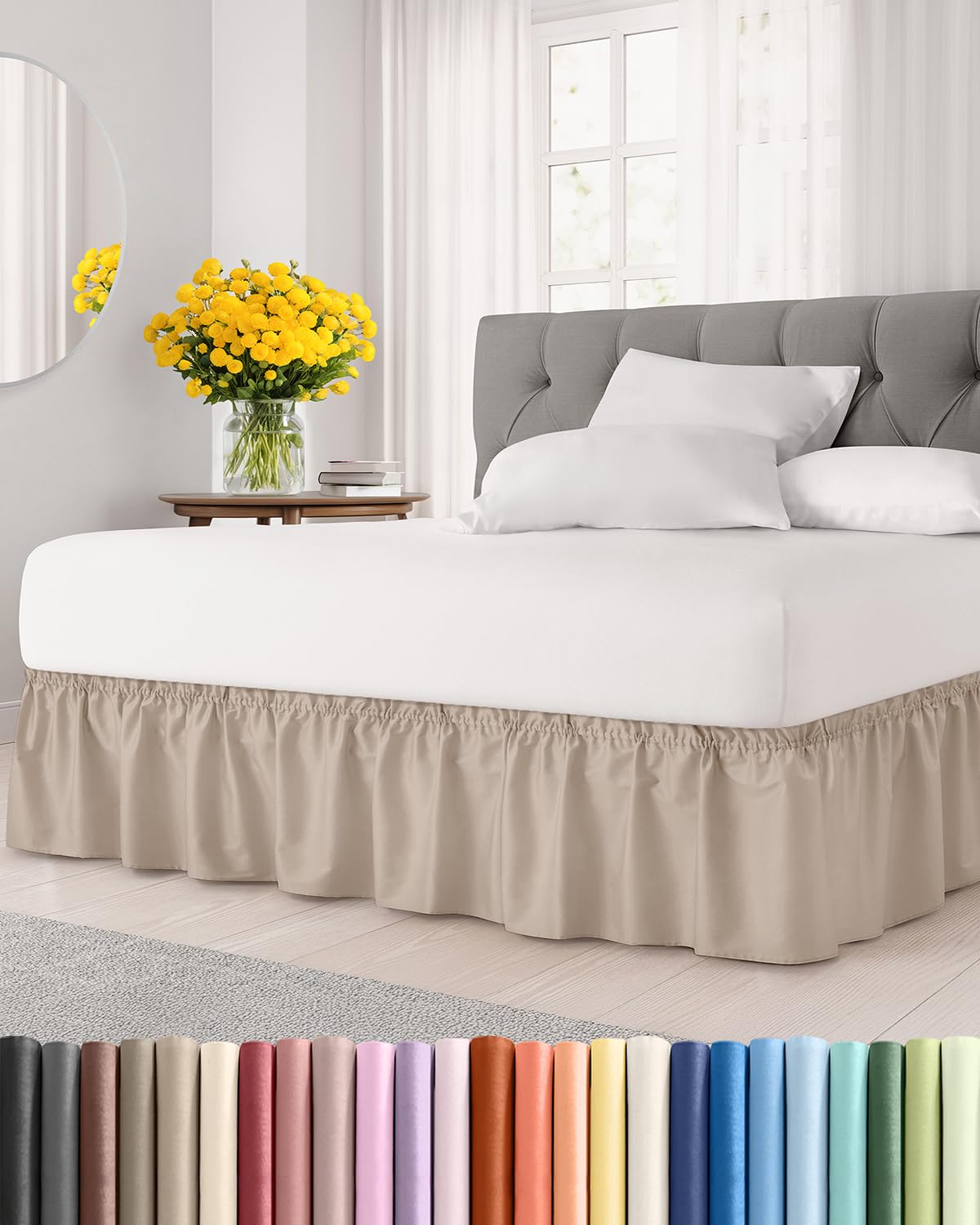 CGK Unlimited wrap-around bed skirt with 15-inch drop on a king bed, installation shown.