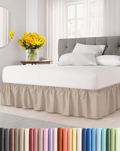 CGK Unlimited wrap-around bed skirt with 15-inch drop on a king bed, installation shown.