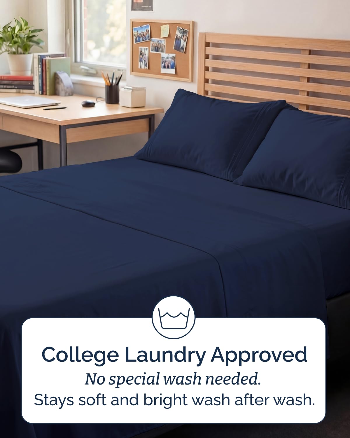 CGK Unlimited wrinkle-free bedding in navy blue for tidy rooms