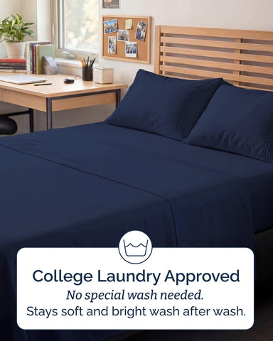 CGK Unlimited wrinkle-free bedding in navy blue for tidy rooms