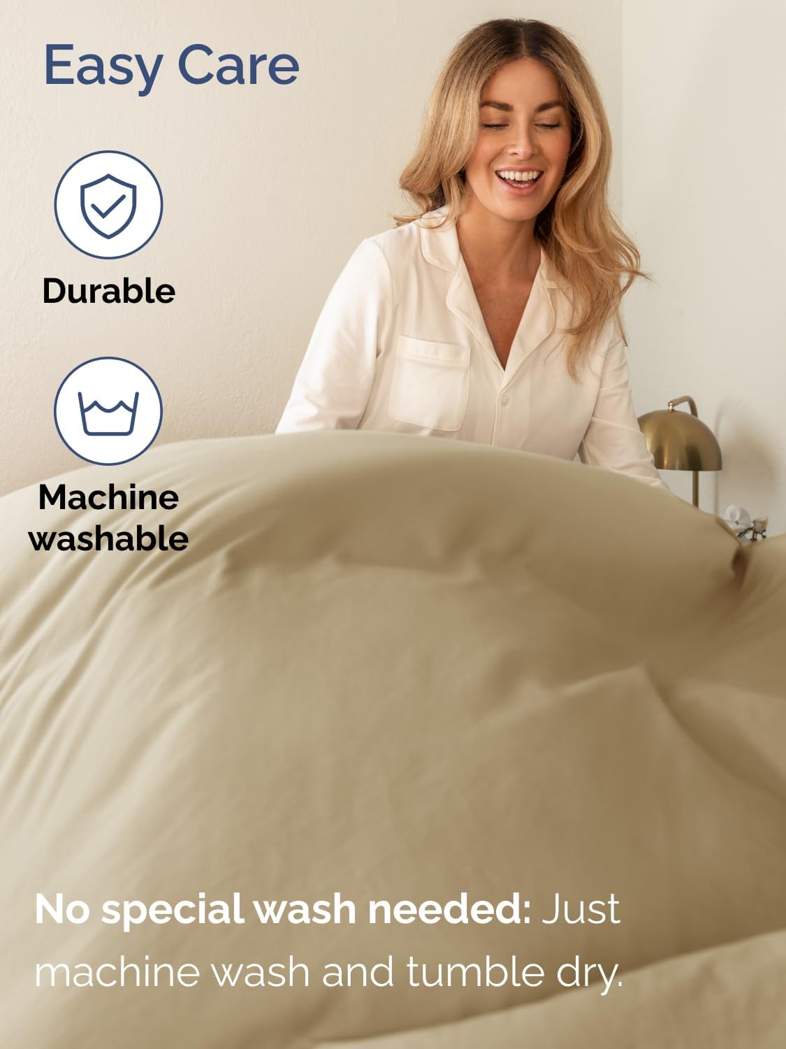 CGK Unlimited wrinkle-free beige sheets keep your bed looking neat.