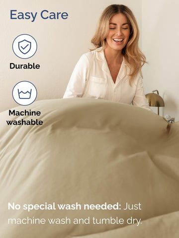 CGK Unlimited wrinkle-free beige sheets keep your bed looking neat.