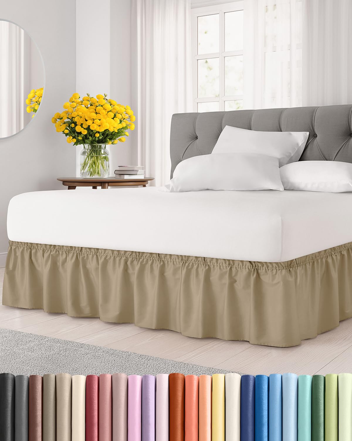 CGK Unlimited wrap-around dust ruffle beige queen bed for a seamless look