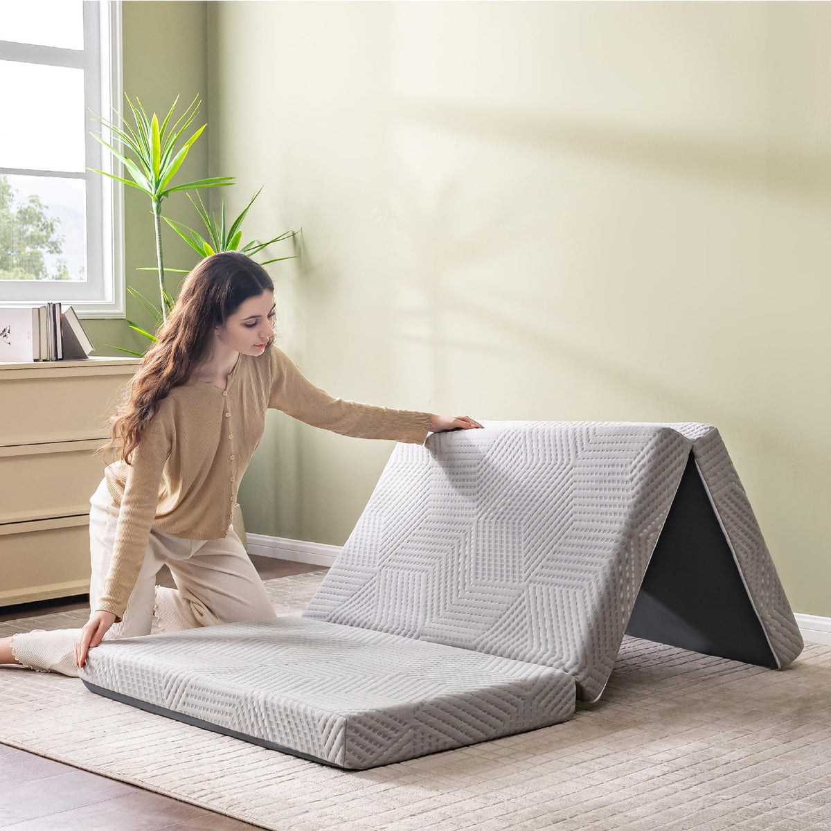 CH Charme House folding mattress ready for camping setup with tri-fold design.