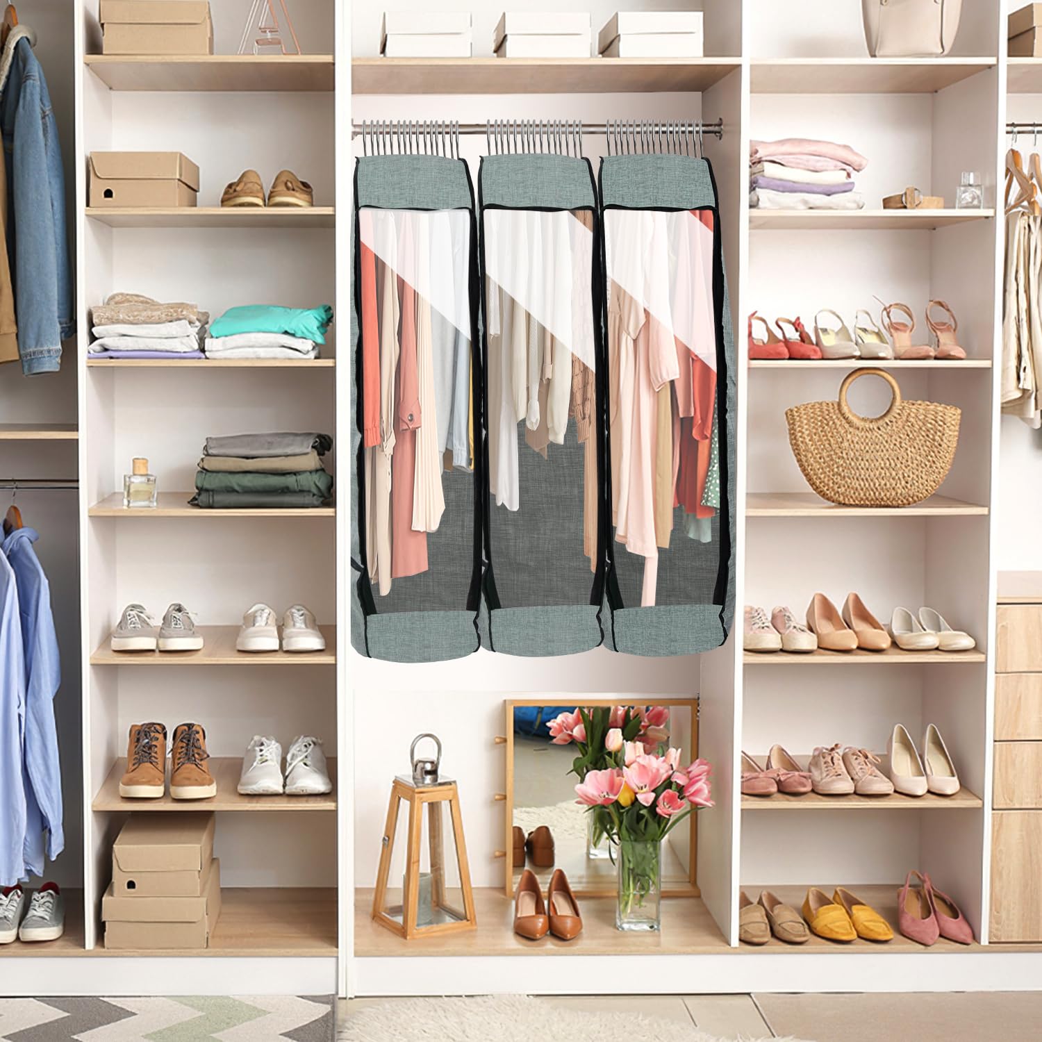 Chakera grey breathable garment bag blends with wardrobe.