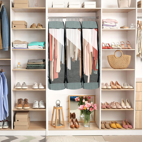 Chakera grey breathable garment bag blends with wardrobe.
