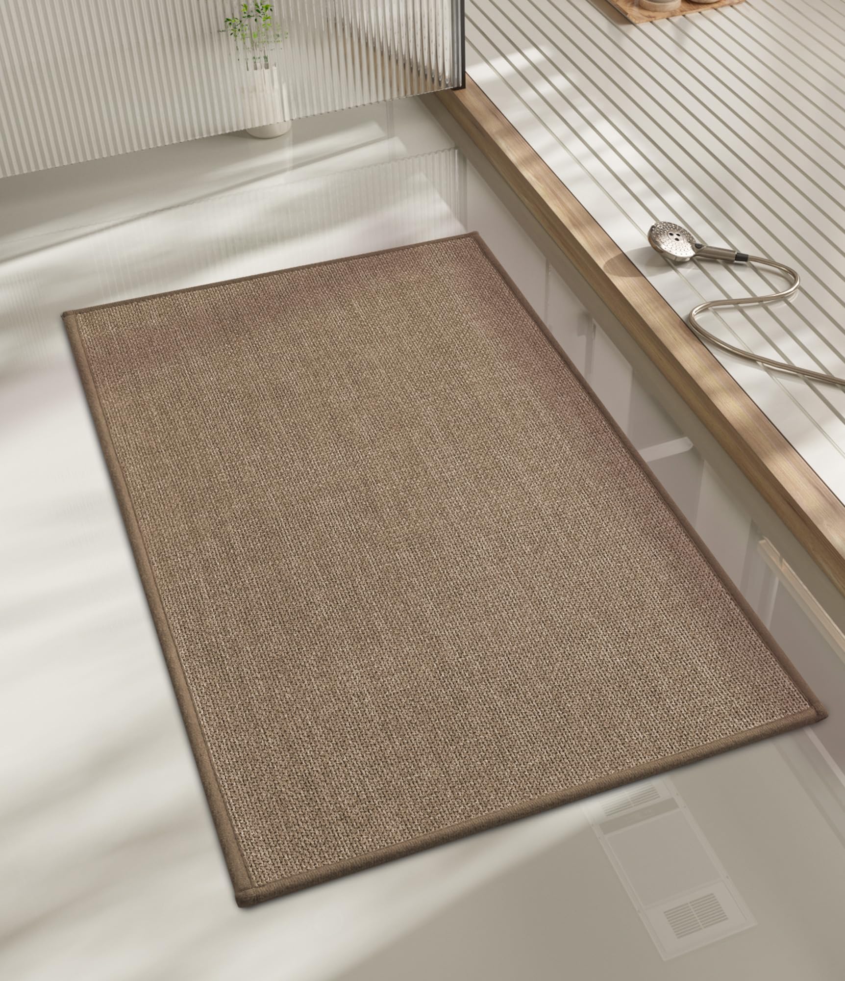 Chakme 32x17 bathroom rug in dark beige with ultra-thin profile for under-door fit