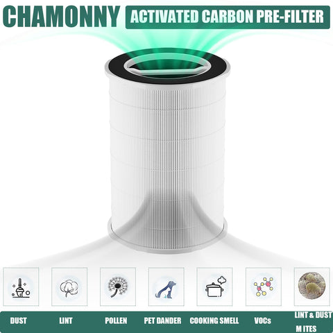 3-in-1 filtration label highlights Pre-Filter, HEPA, Activated Carbon