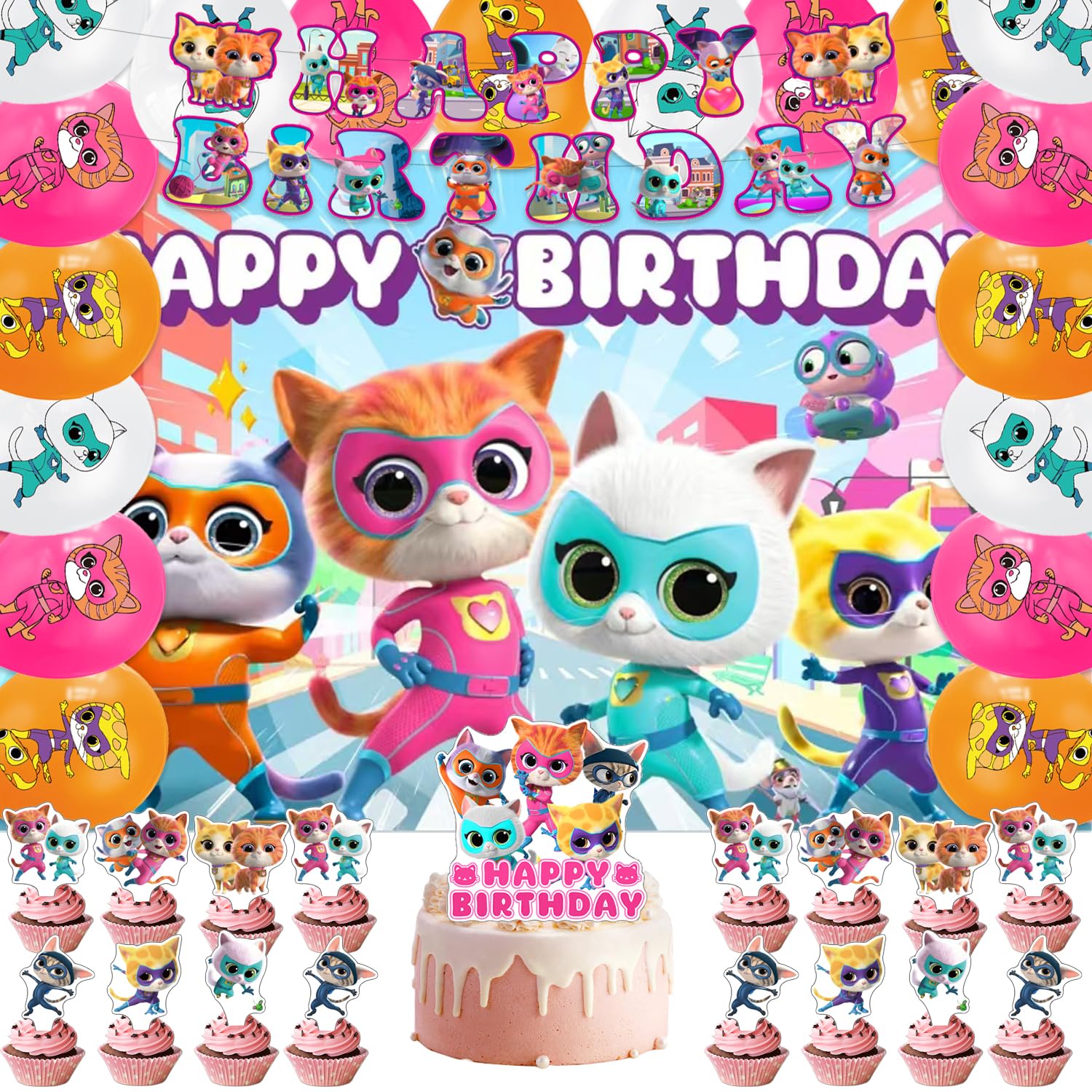 CHAMPBULL Super Kitties banner—vibrant party decor for a festive birthday moment.