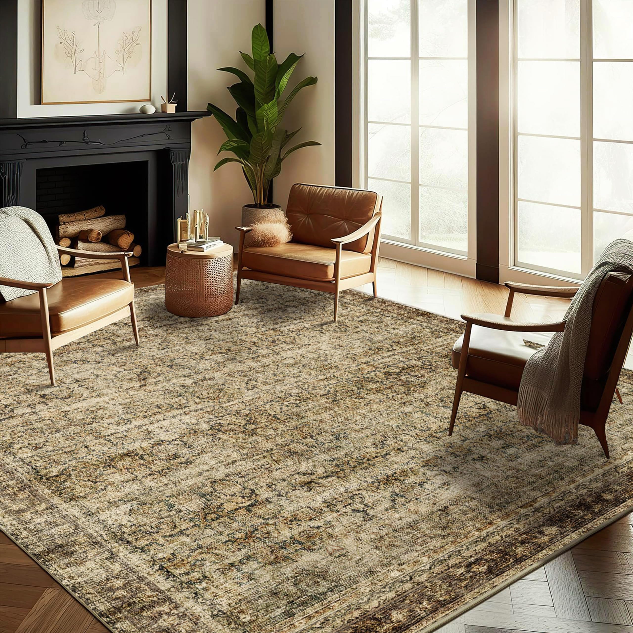 CHAMPLANT area rug 4x6 with brown vintage pattern; stain-resistant and cozy underfoot.