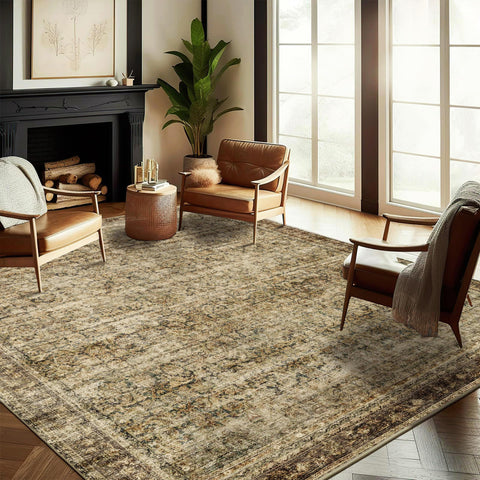 CHAMPLANT area rug 4x6 with brown vintage pattern; stain-resistant and cozy underfoot.