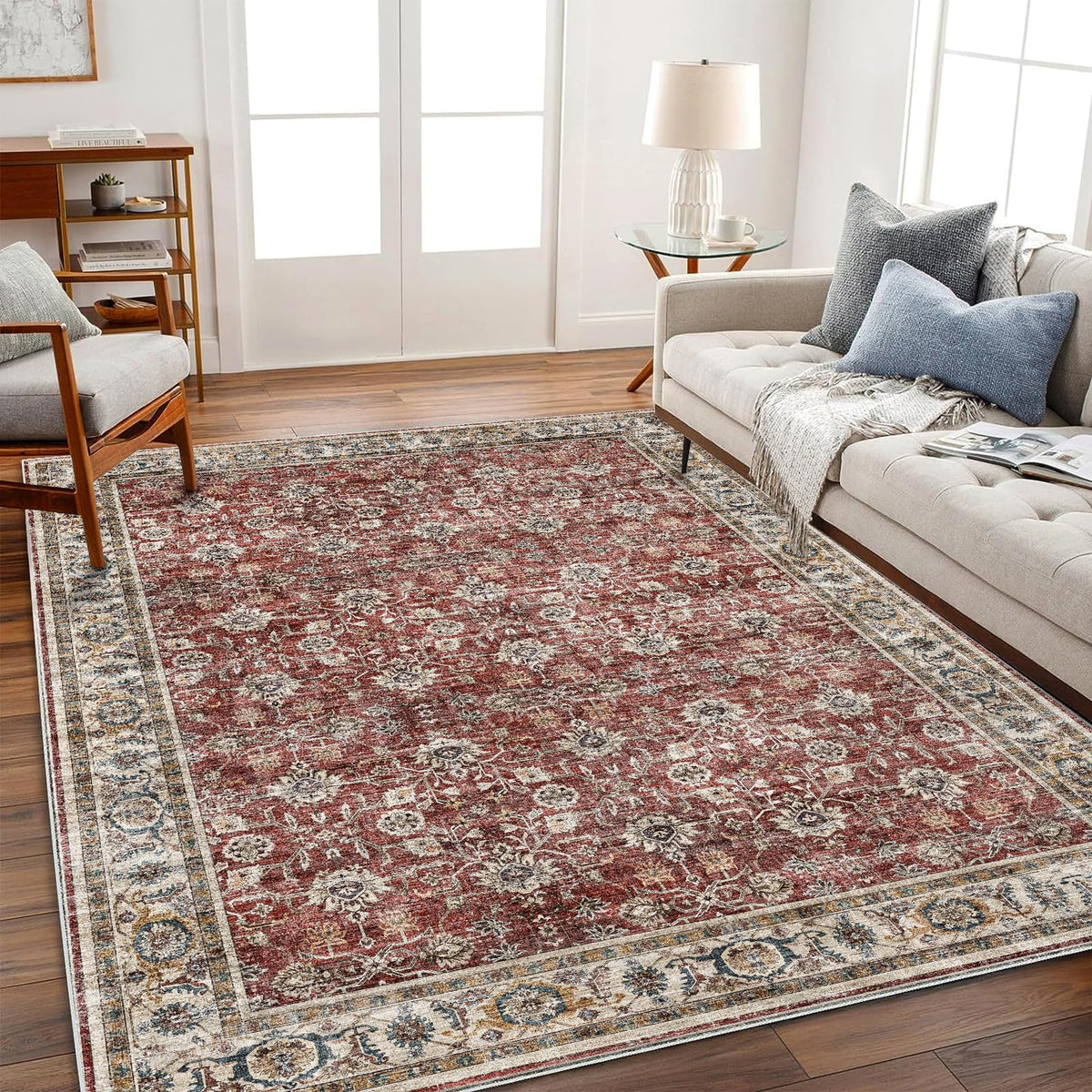 CHAMPLANT area rug with soft floral pattern adds cozy charm to living rooms.
