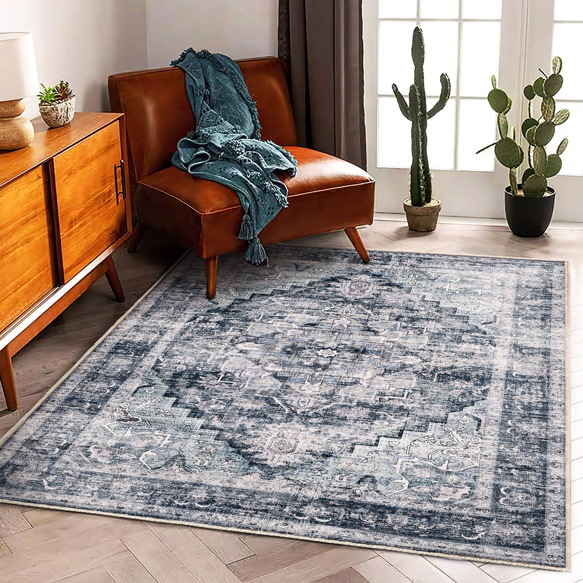 Champlant dark blue vintage rug 3x5 in living room adds comfort and style.