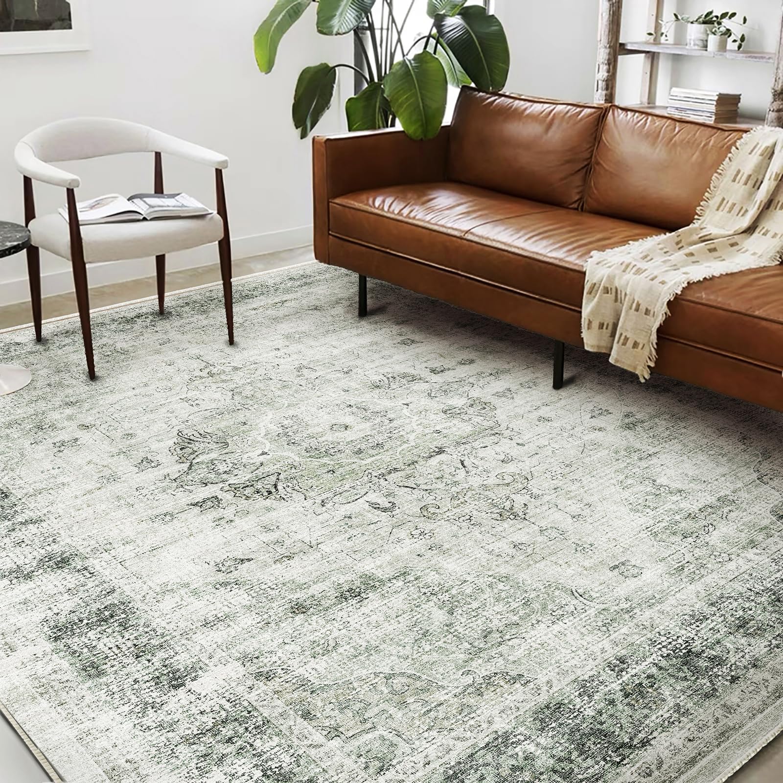 CHAMPLANT floral green vintage rug 6x9 shows soft faded floral pattern for living spaces.