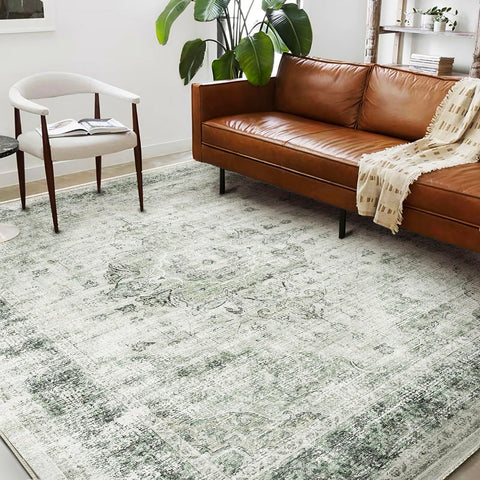 CHAMPLANT floral green vintage rug 6x9 shows soft faded floral pattern for living spaces.