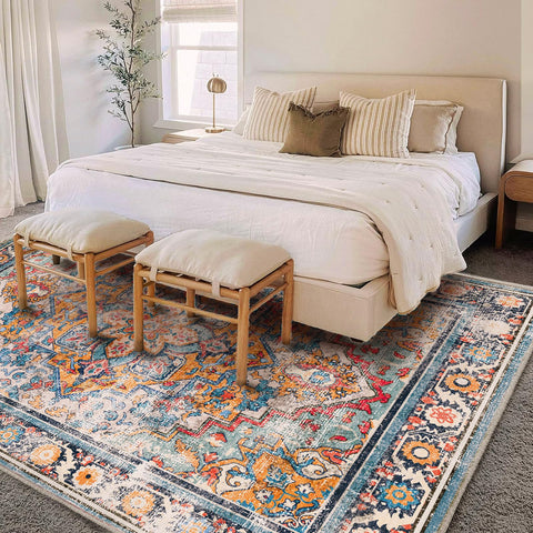 CHAMPLANT medallion-pattern rug with faded boho design elevates bedroom decor