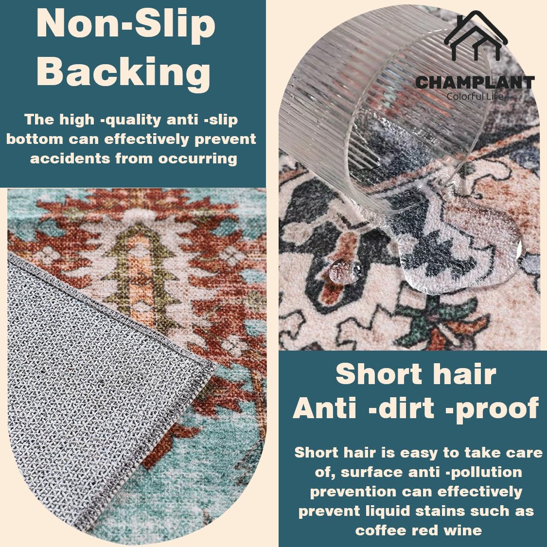 CHAMPLANT pets kids friendly rug reduces pet hair and keeps paws safe.