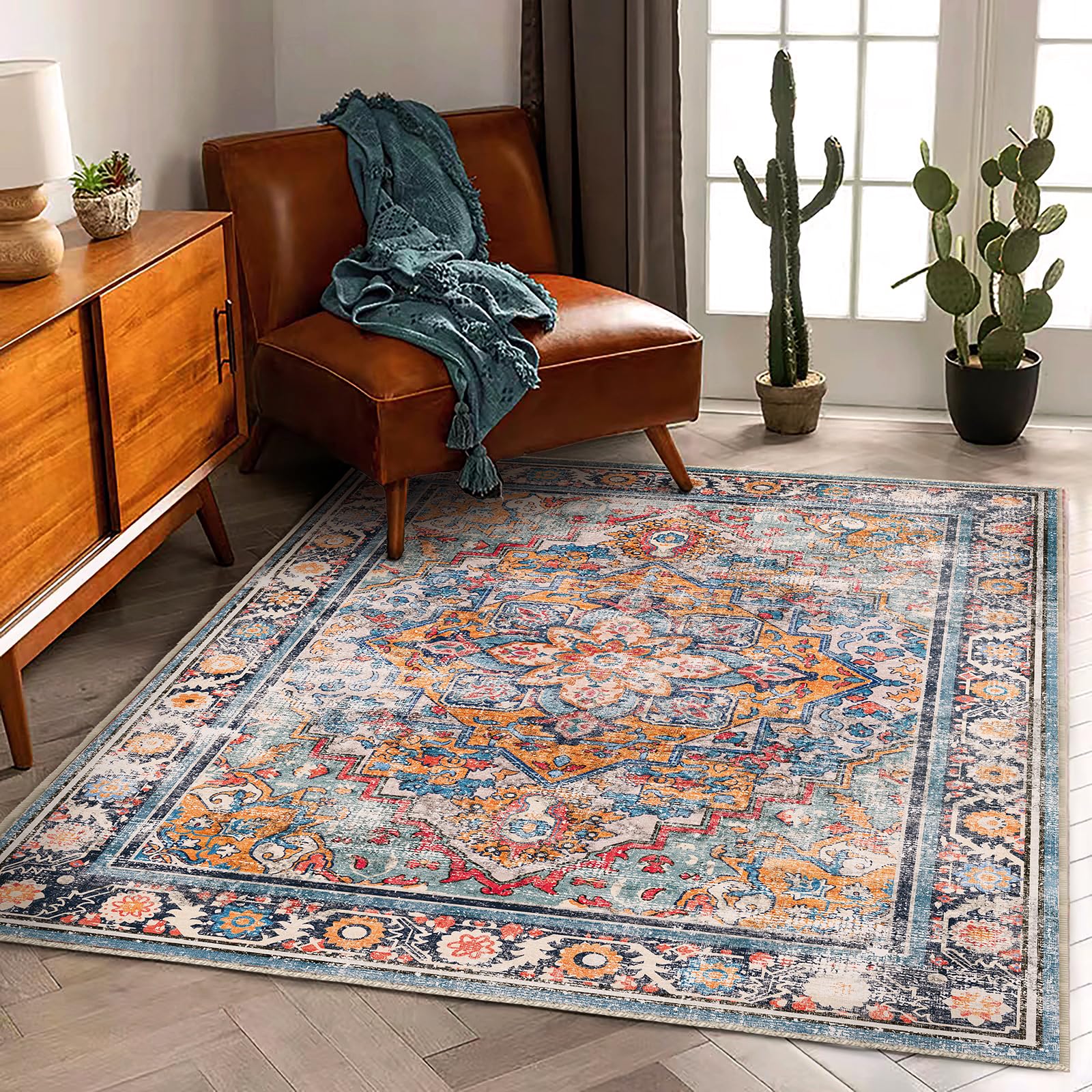 CHAMPLANT washable area rug 5x7 — wide shot highlights easy care and stylish space enhancement.